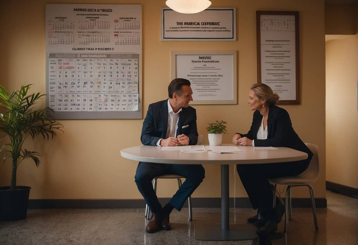 A couple sits at a table, looking over a calendar with a puzzled expression. A sign on the wall reads "Marriage License Requirements."