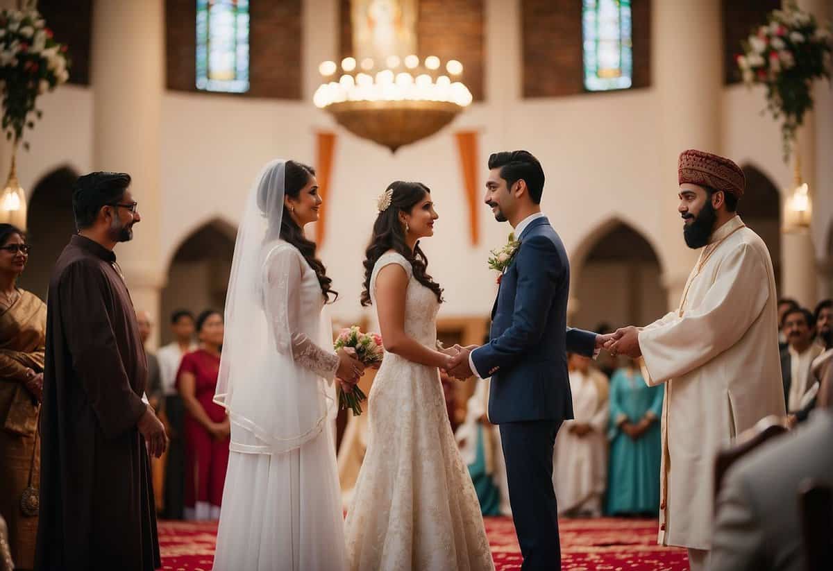 A couple stands before a religious leader, exchanging vows without prior notice. The scene is filled with cultural and religious symbols, reflecting the significance of the marriage ceremony