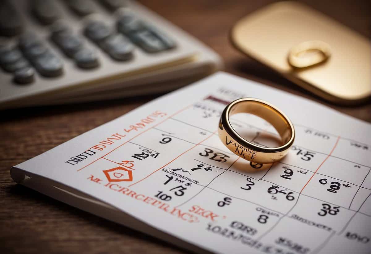 A calendar with a circle around the date, a wedding ring, and a sign that reads "Marriage Without 28 Days Notice" crossed out