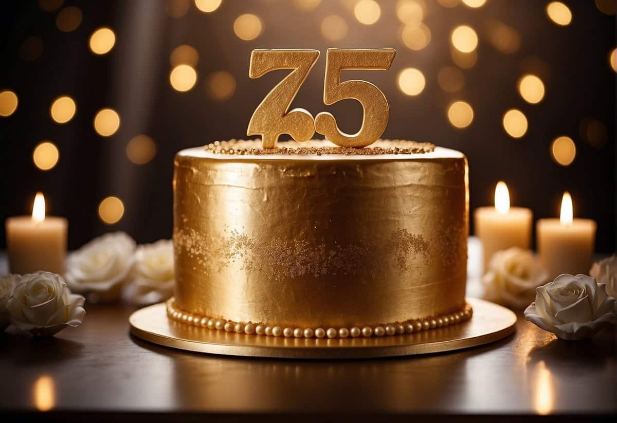 A golden anniversary cake with "75 years" topper, surrounded by generations of family photos and love letters