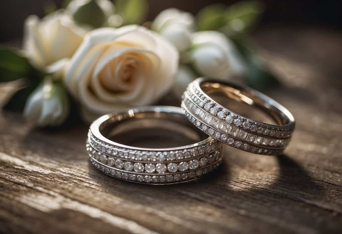 A diamond-encrusted wedding band rests on a weathered table, surrounded by faded photographs and a bouquet of timeless roses