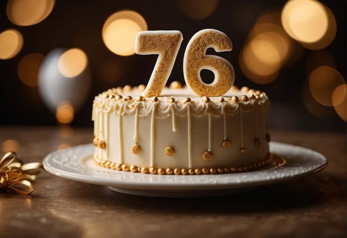 A golden anniversary cake with "75 years" written in icing, surrounded by joyful family members celebrating