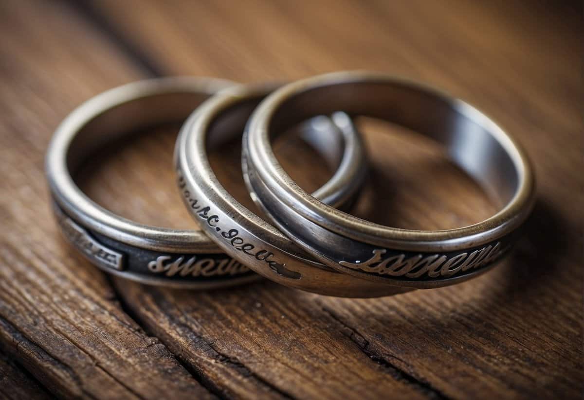 A pair of intertwined wedding rings, weathered and worn, sit atop a vintage table engraved with the words "The Longest Marriage Ever."