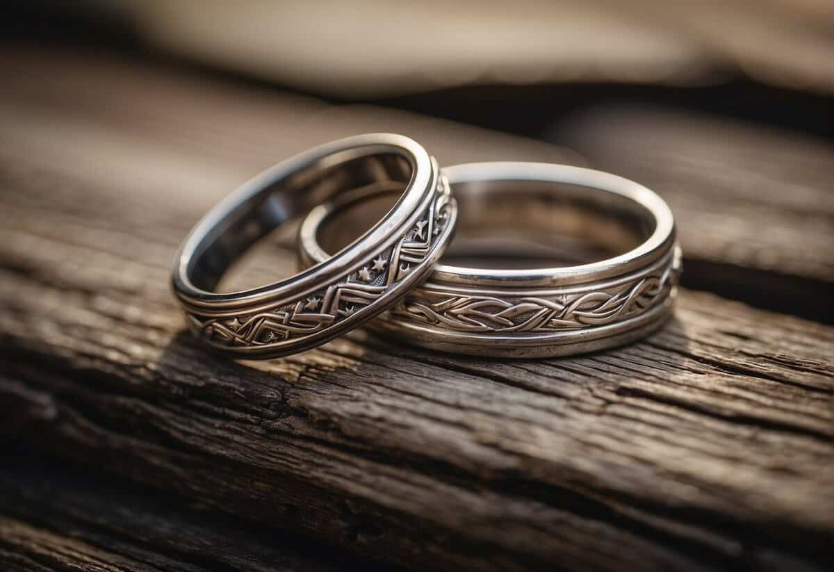 A pair of intertwined wedding rings resting on a weathered wooden surface, surrounded by time-worn photographs and mementos of a lifetime together