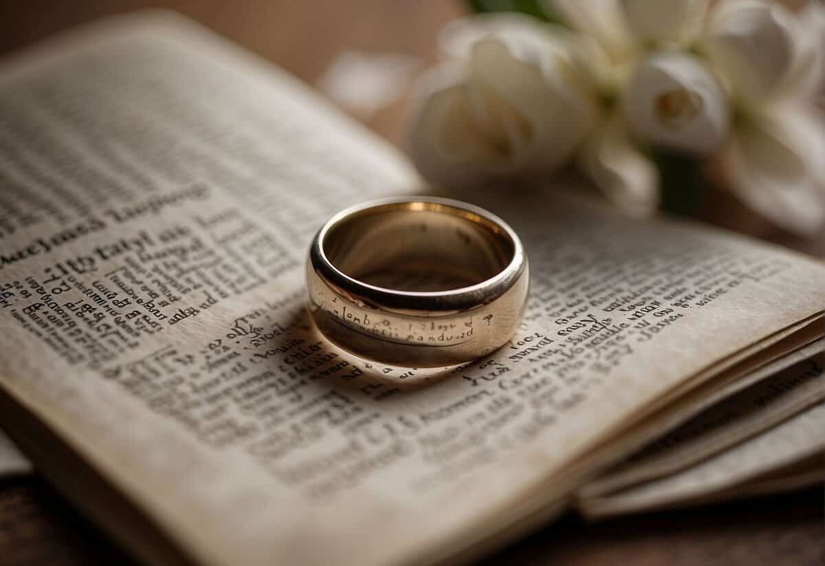A wedding ring on a weathered hand, surrounded by fading photographs and love letters