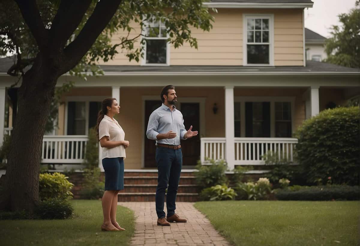 A couple stands in front of a house, with one person asking a question and the other appearing concerned or uncertain. The house is depicted as the focal point of the scene