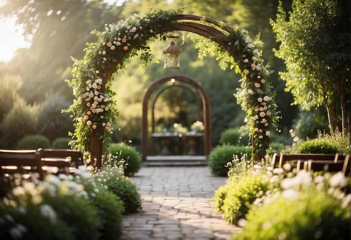 A lush garden with blooming flowers and a rustic arch, set up for a wedding ceremony