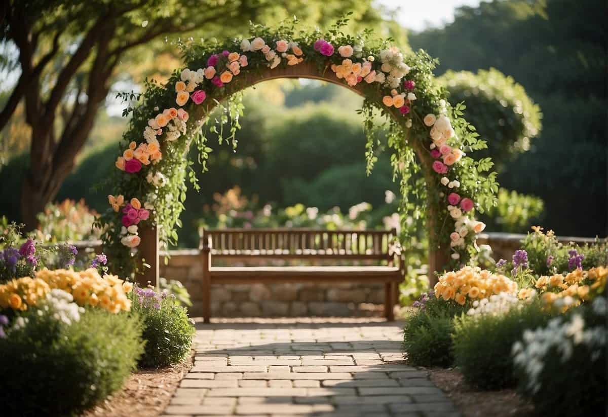 A serene garden setting with a decorative arch and seating area, surrounded by lush greenery and colorful flowers. A sign nearby displays "Legal Considerations for Garden Weddings."