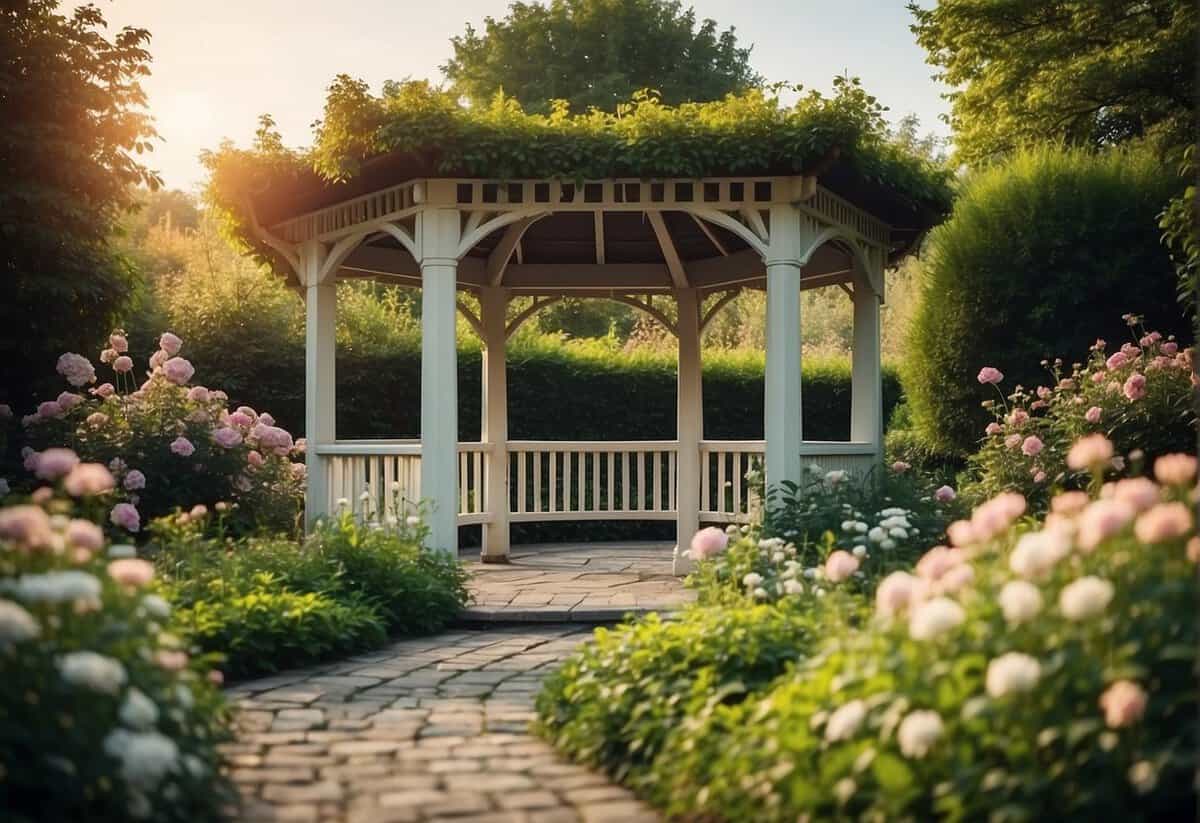 A lush garden with blooming flowers and a charming gazebo, perfect for a romantic wedding ceremony