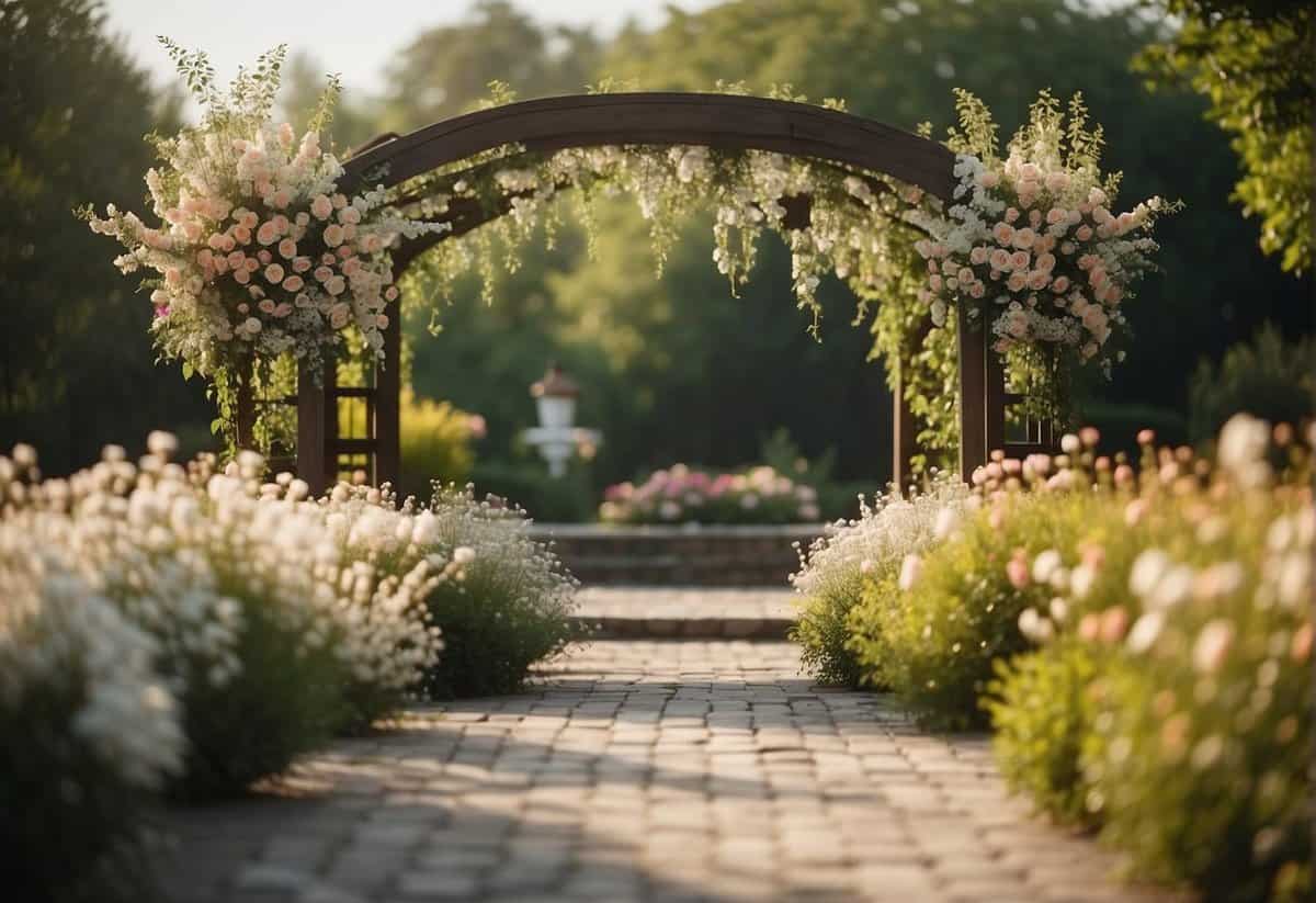 A serene garden with a blooming floral arch, a quaint pergola, and a peaceful atmosphere, perfect for a free wedding ceremony