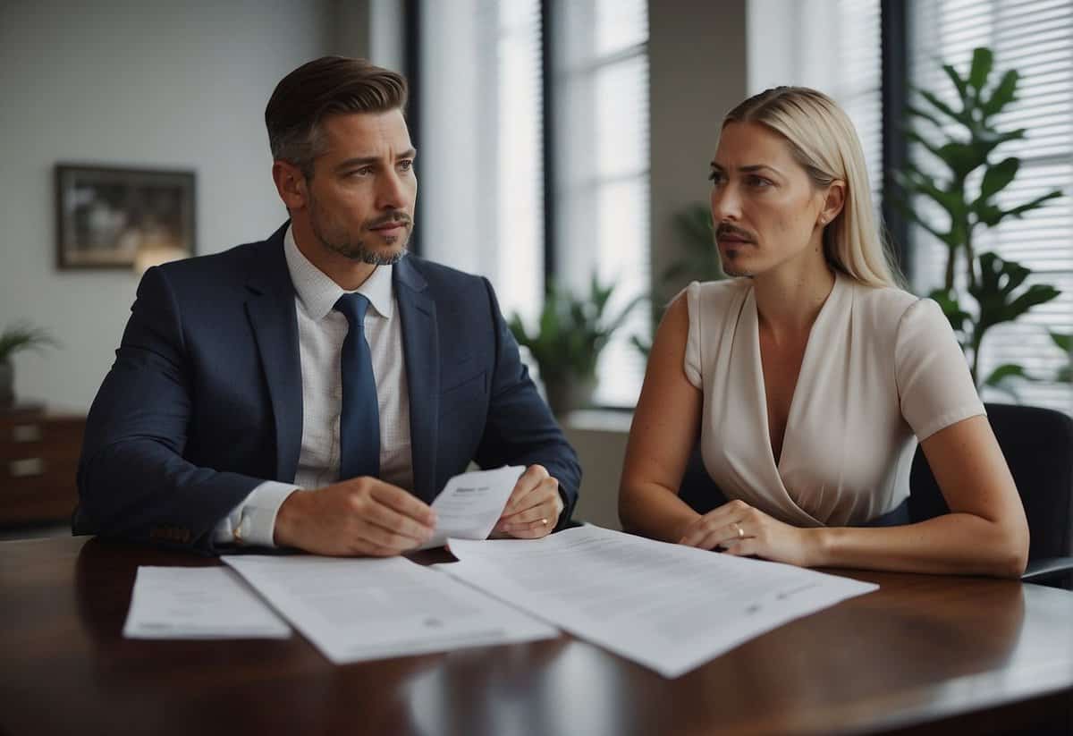 A couple sits in a lawyer's office discussing divorce papers. The lawyer explains the process and the importance of obtaining a decree absolute before remarrying