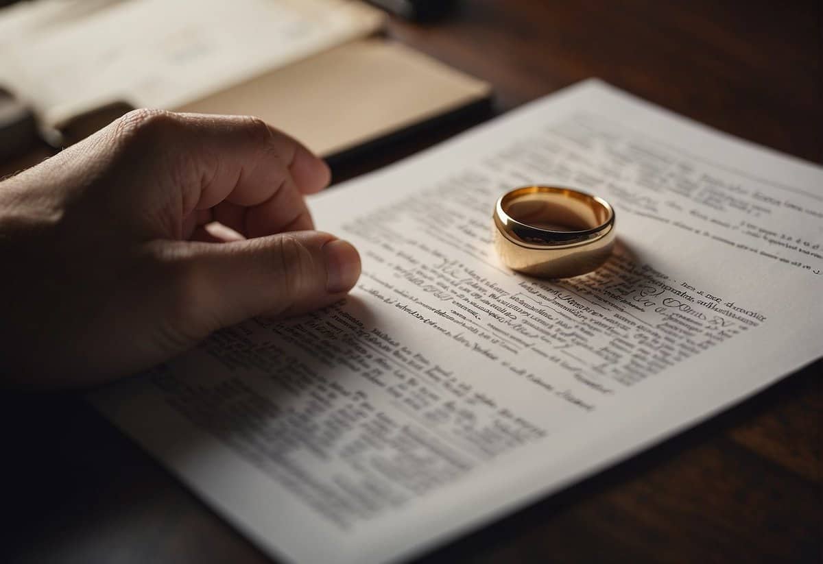 A person holding a wedding ring while looking at a legal document with a question mark above their head