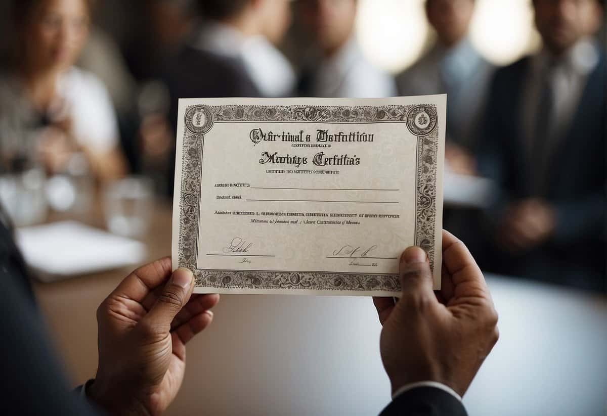 A person holding a marriage certificate in one hand and a decree absolute in the other, with a question mark hovering above their head