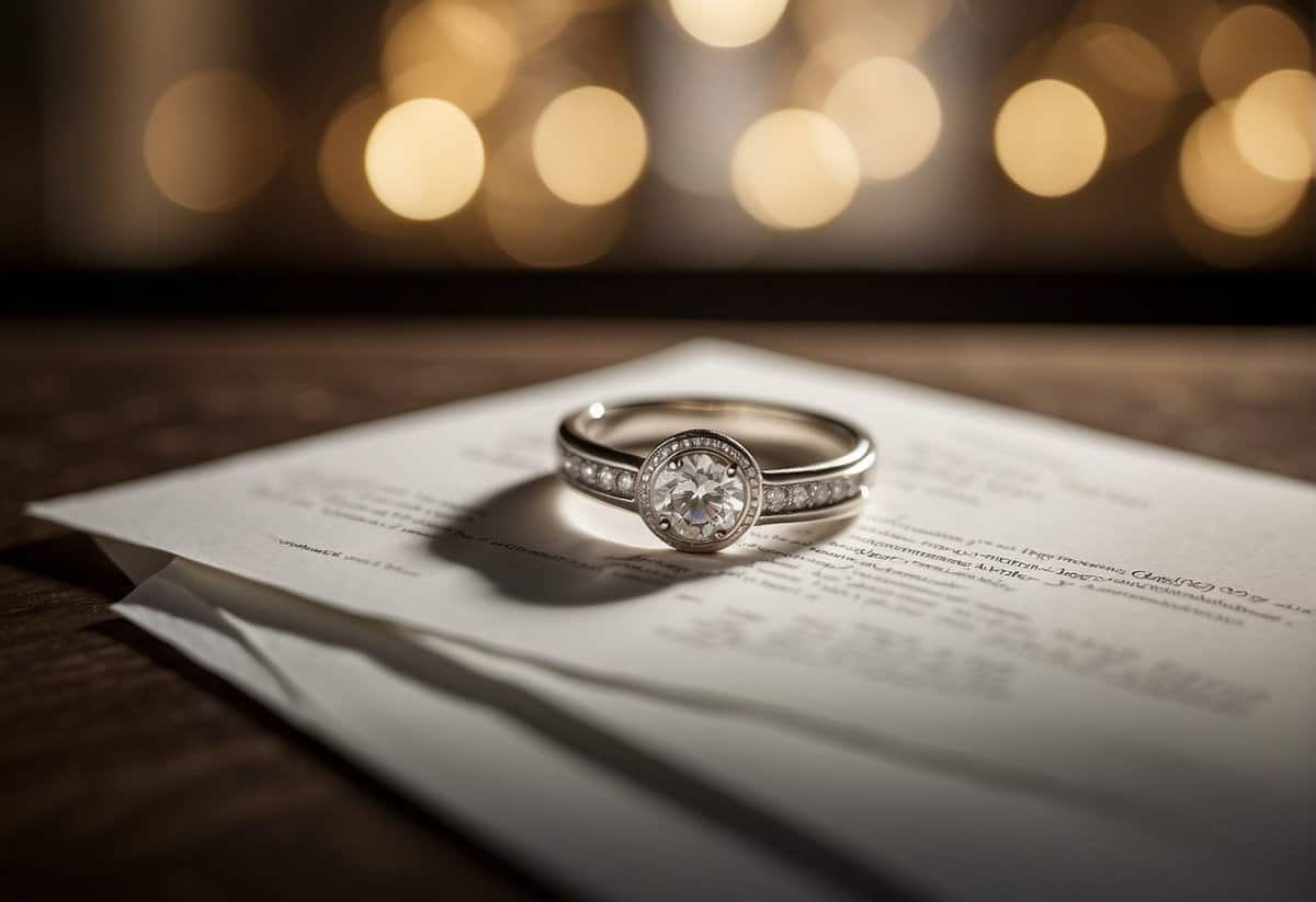 A wedding ring sits on a table next to a legal document labeled "decree absolute." A question mark hovers above, symbolizing uncertainty