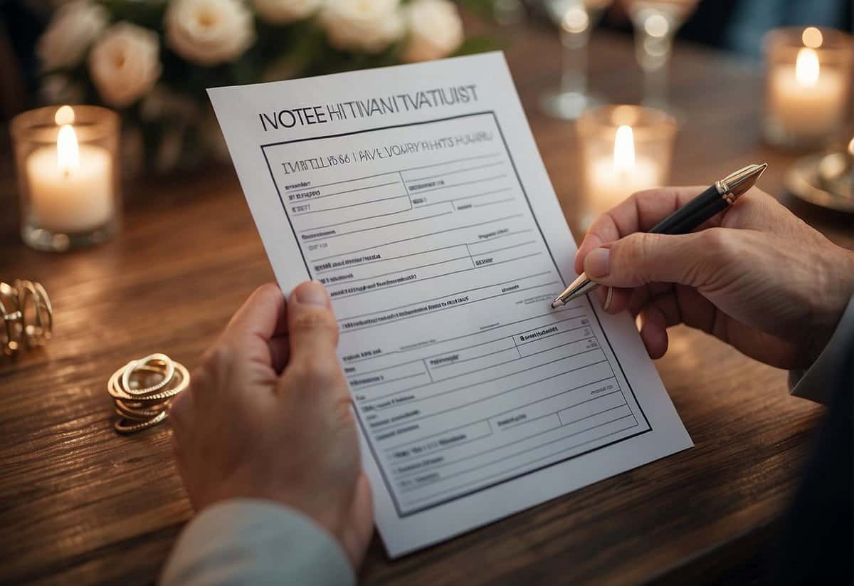 A hand holding a pen fills out a wedding invitation order form with a price list in the background