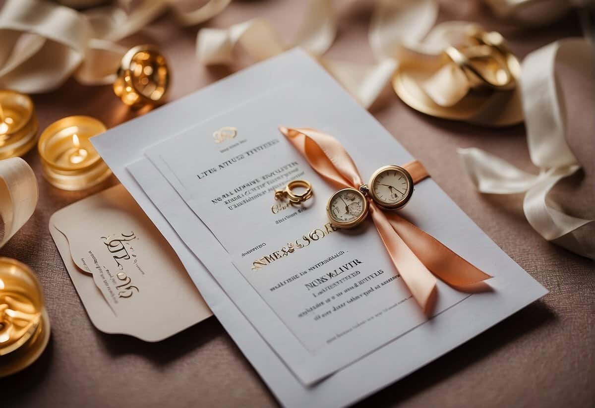 A wedding invitation surrounded by question marks and a price tag