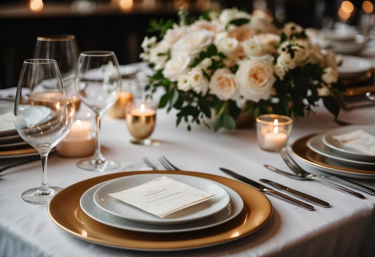 A table set with elegant place settings, adorned with floral centerpieces, and a menu card showcasing various meal options