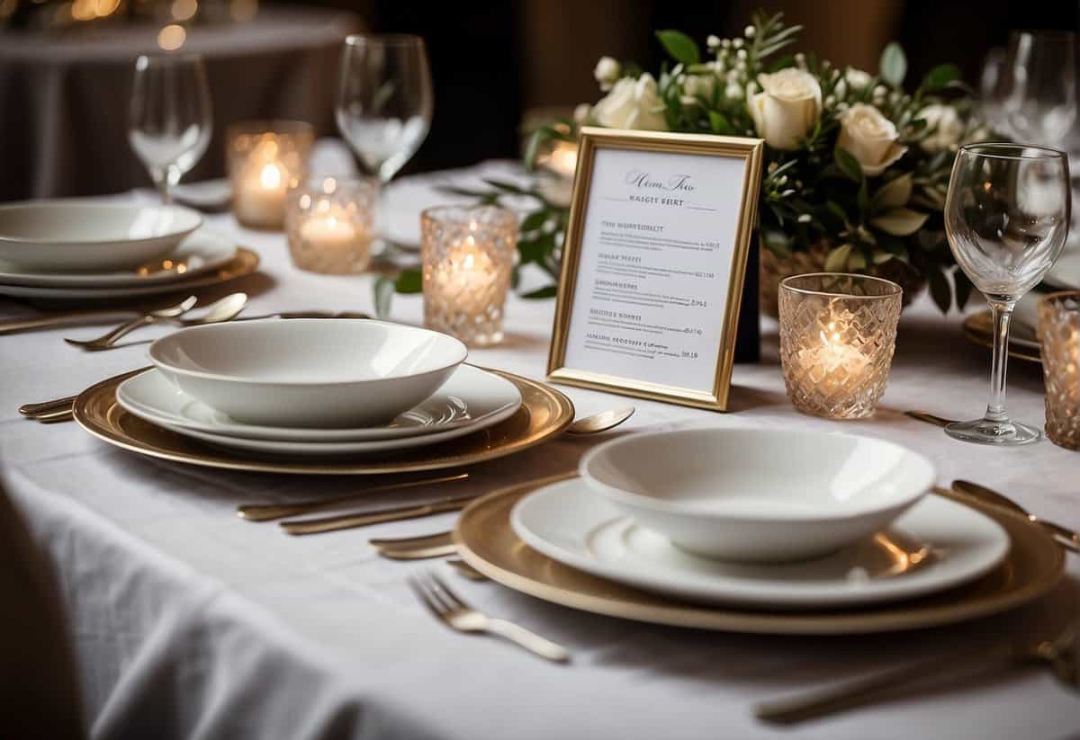 A table set with elegant place settings, surrounded by empty chairs, with a menu and price list displayed, indicating additional costs for a wedding meal per person in the UK