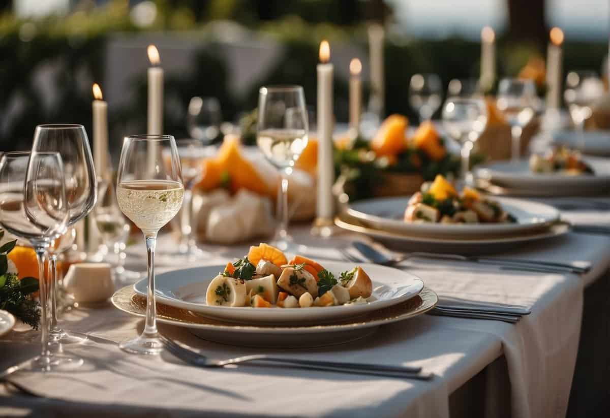 A beautifully set dining table with elegant place settings and a variety of delicious dishes, showcasing a luxurious yet cost-effective wedding catering spread