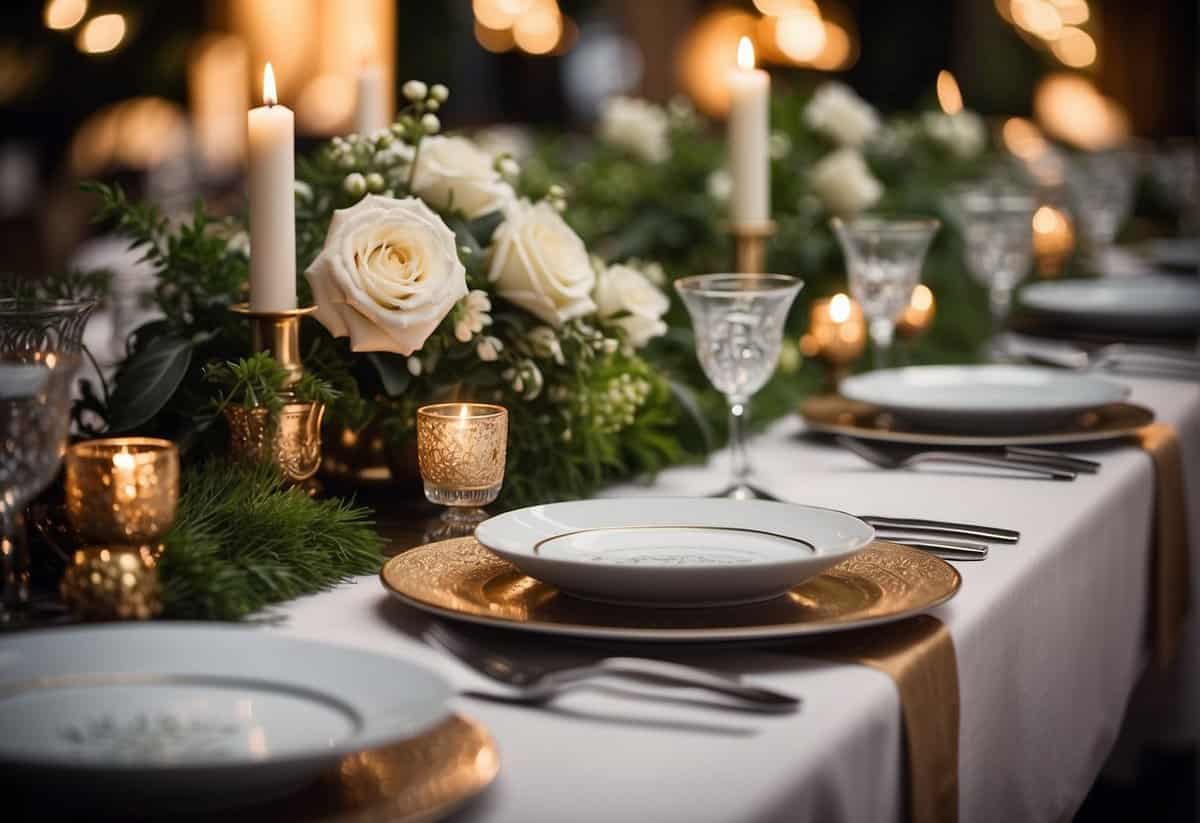 A table set with elegant place settings and a menu card, surrounded by decorative floral arrangements and soft lighting
