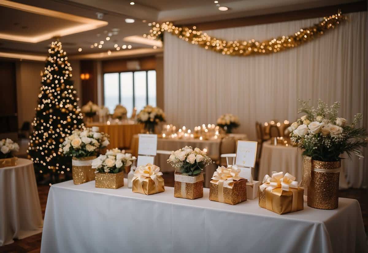 A room with a wedding reception setup, a gift table with few presents, and a sign asking about the percentage of guests who don't give gifts
