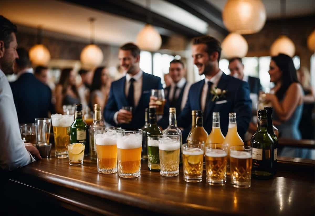 A fully stocked bar with various drinks and glasses, surrounded by happy wedding guests, with a sign indicating "Free Bar" in the UK