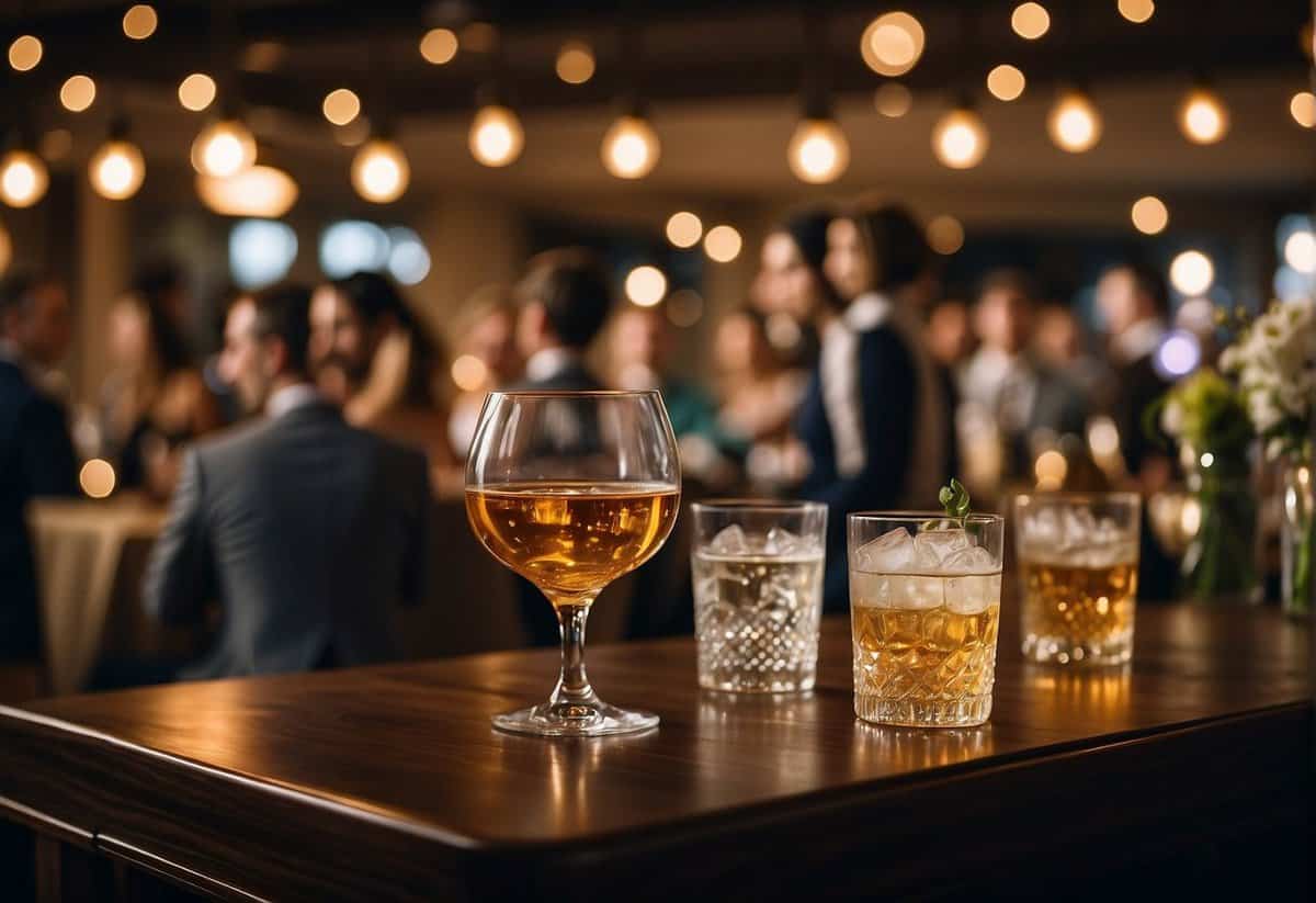 The scene depicts a wedding reception with a free bar, showcasing various alcoholic and non-alcoholic drinks. The atmosphere is lively, with guests enjoying the open bar as part of the overall wedding expenses