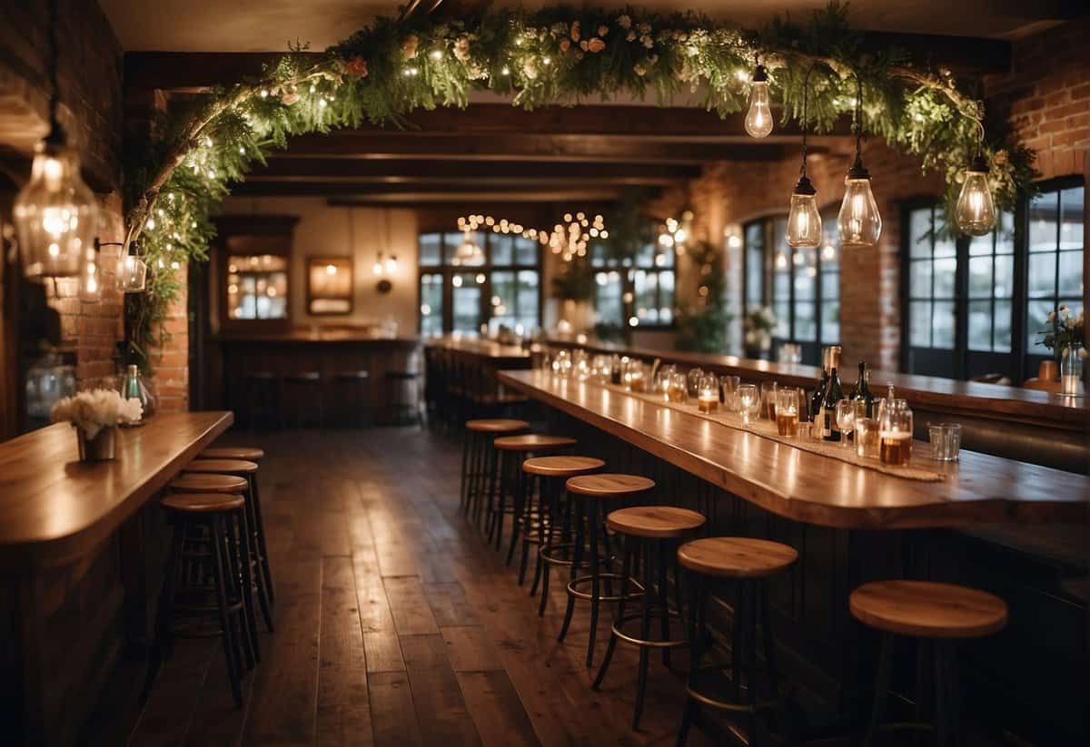 A cozy pub with rustic decor, fairy lights, and a floral arch for a wedding ceremony. Tables set with elegant place settings and a bar stocked with drinks