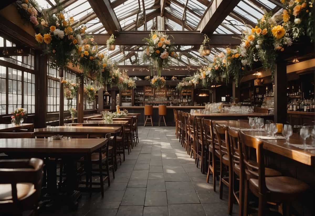 The pub is decorated with flowers and ribbons, chairs are arranged in rows, and a makeshift altar is set up at the front