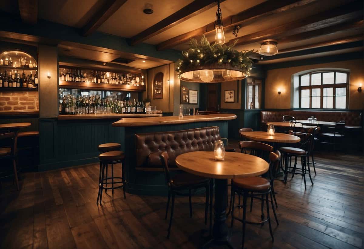 A cozy pub interior with rustic decor, dim lighting, and a small stage area for ceremonies. Tables and chairs are arranged for guests, and a festive atmosphere is evident