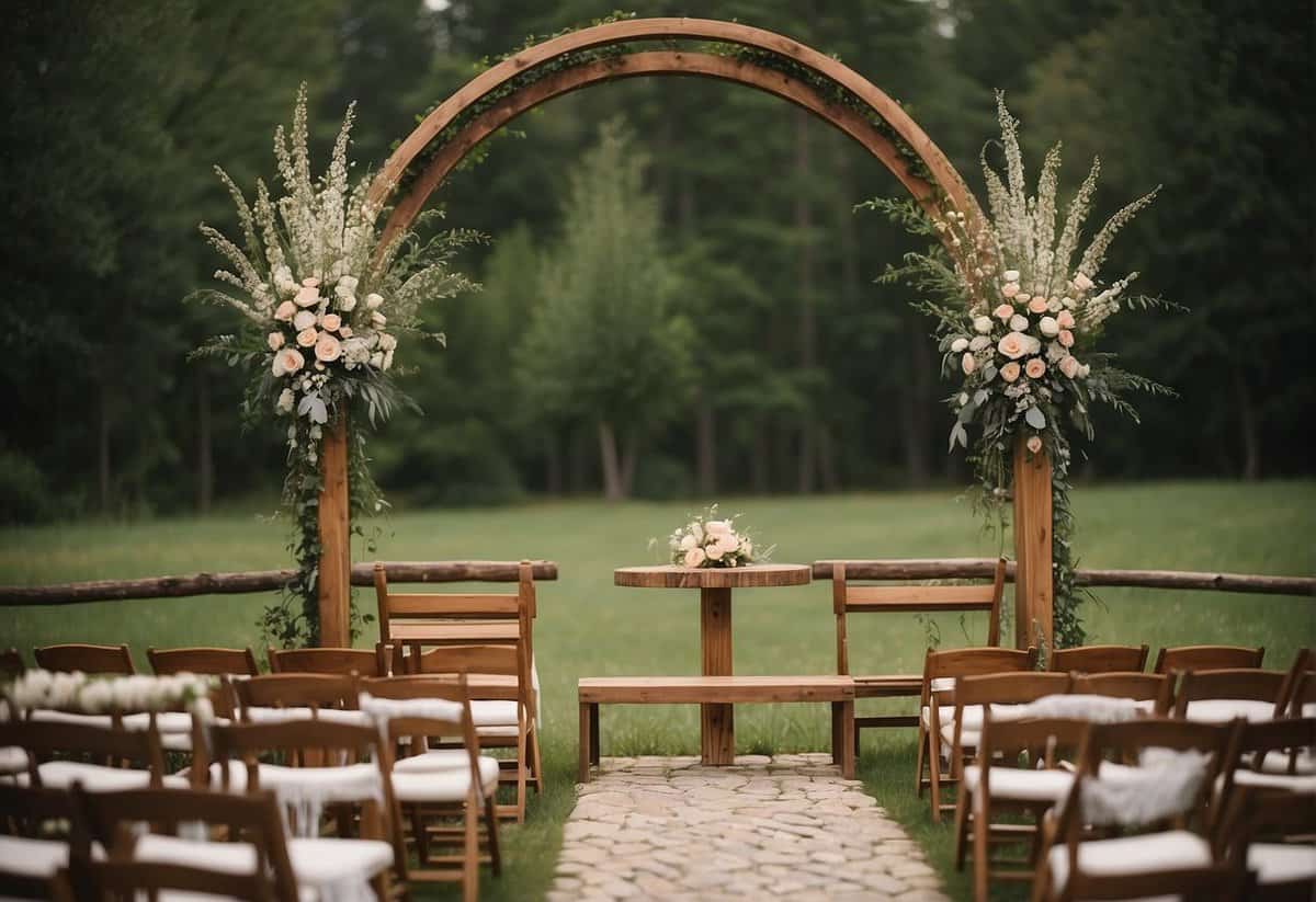 A simple outdoor wedding ceremony: a rustic wooden arch adorned with flowers, a small table with a unity candle, and two chairs facing each other