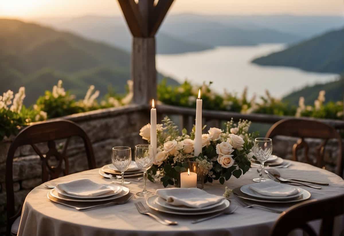 A cozy table for two set with candles and flowers, overlooking a serene view. A small wedding arch adorned with delicate fabric and greenery completes the intimate setting