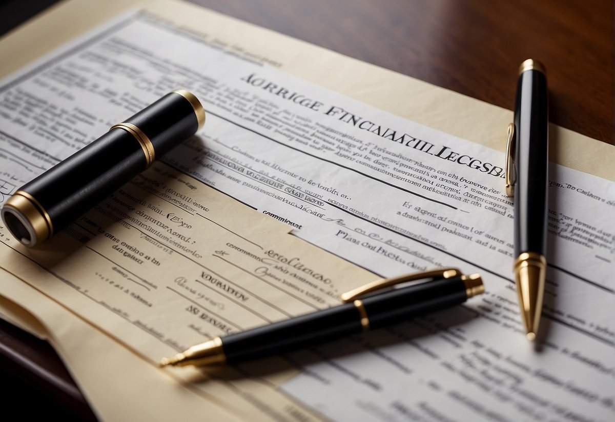 A marriage license and financial documents on a table, with a pen ready to sign