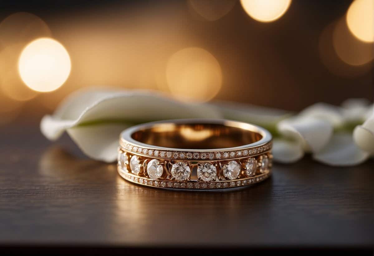 A wedding ring placed on a simple, elegant table setting, with soft lighting and a romantic atmosphere