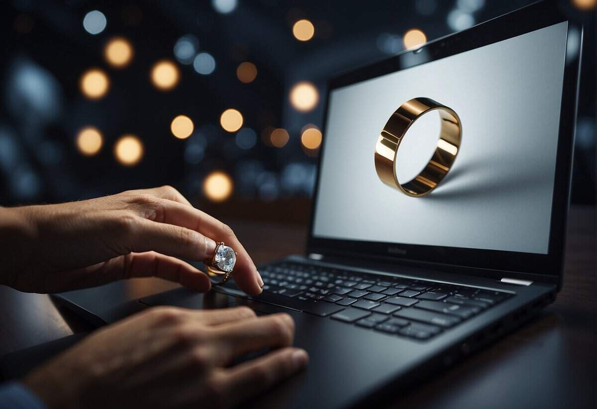 A person holding a wedding ring in front of a computer screen with a question mark above their head