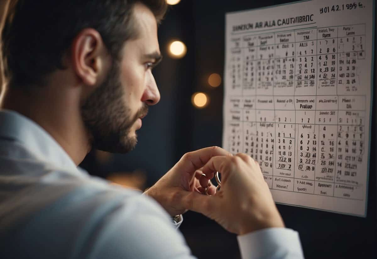 A person holding a wedding ring with a worried expression, while looking at a calendar with work schedule and a list of employment policies