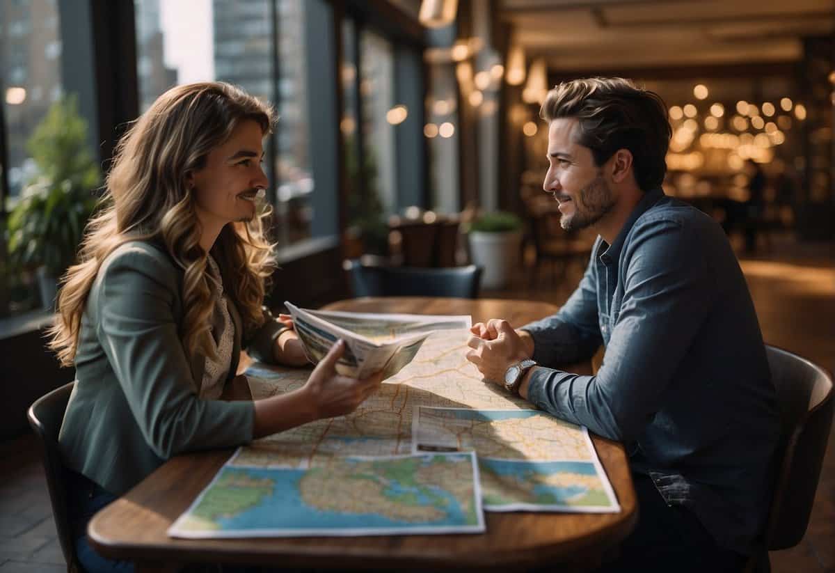 A couple sits at a table, discussing their future together. A map and travel brochures spread out before them as they plan their shared life experiences