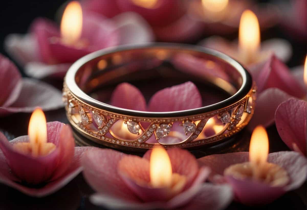 A wedding ring resting on a bed of rose petals, surrounded by flickering candlelight