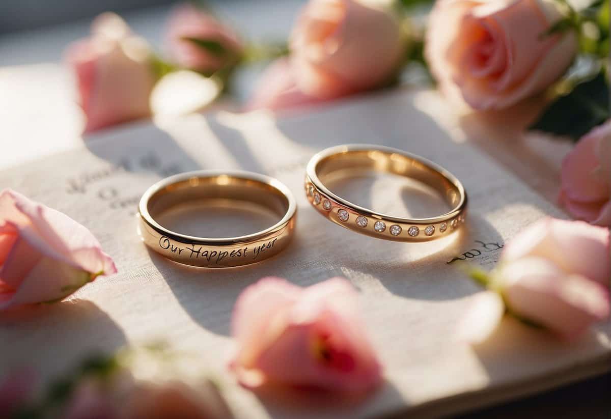 A couple's wedding rings on a sunlit table, surrounded by scattered rose petals and a handwritten note that reads "Our Happiest Year."