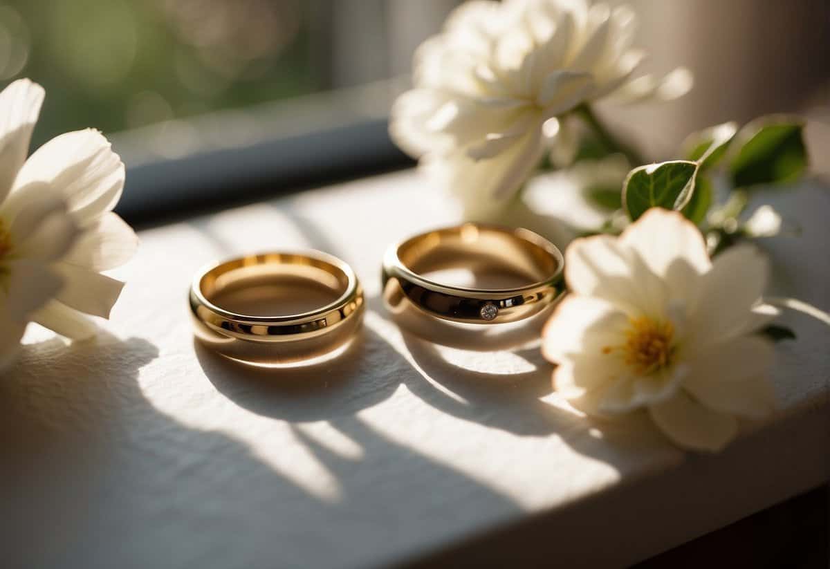 A couple's wedding rings resting on a sunlit windowsill, surrounded by blooming flowers and a framed photo of their wedding day