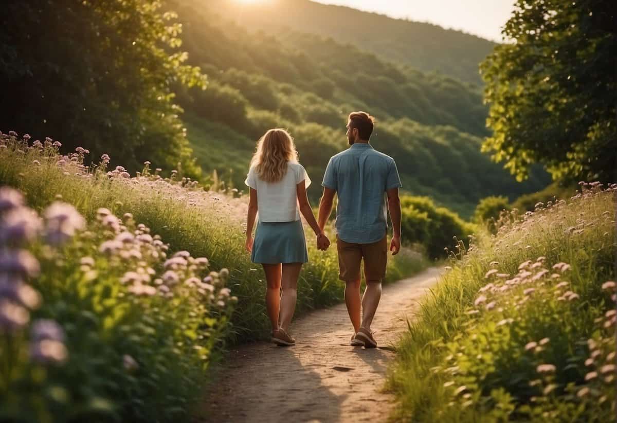 A couple stands on a winding path, surrounded by blooming flowers and lush greenery. The sun shines brightly, casting a warm and peaceful glow over the scene