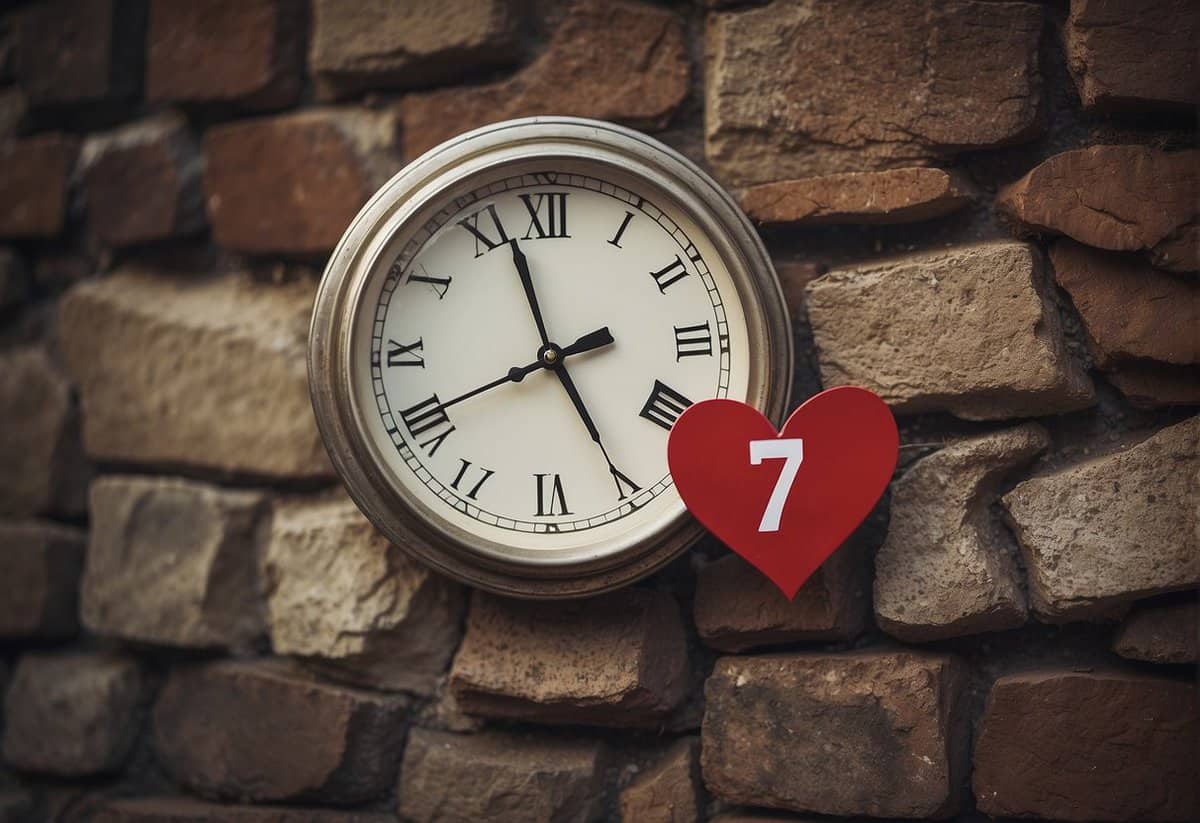 A broken heart-shaped clock on a wall, with the number 7 falling apart, symbolizing the difficulty of a 7-year marriage