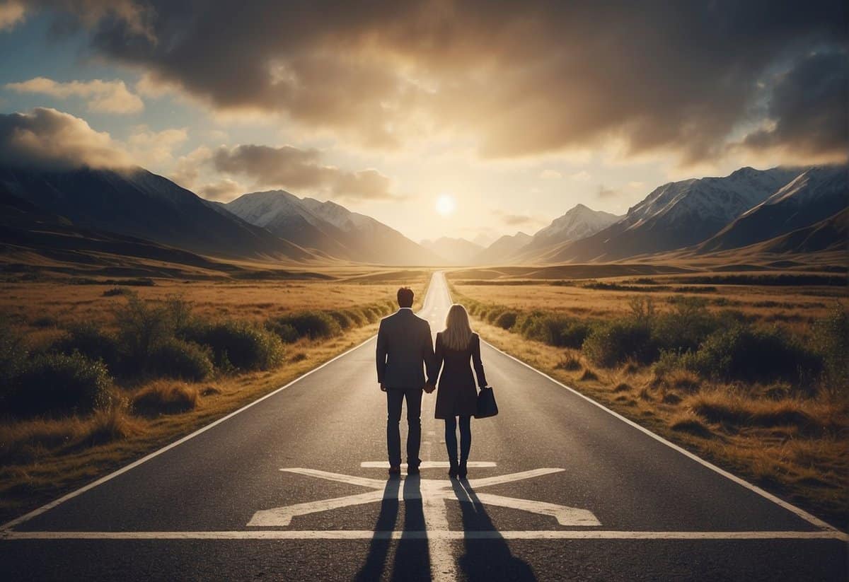 A couple stands at a crossroads, symbolizing the challenges and evolution of their 7-year marriage. The path behind them is rocky, while the one ahead is lined with opportunities for growth and change