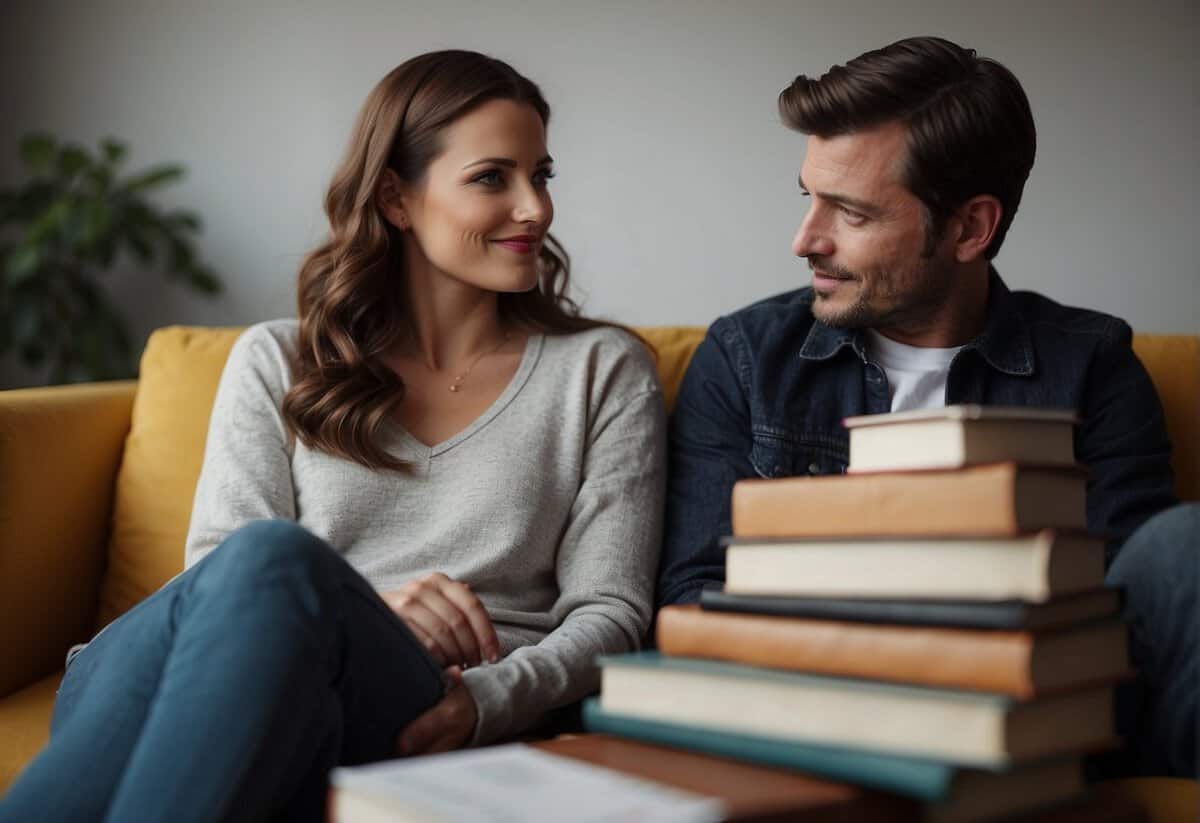 A couple sitting on a couch, facing each other with tense expressions. A pile of books on communication and relationship building sits between them