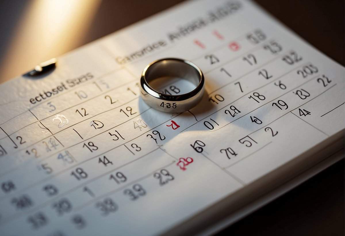 A calendar with a ring marked around a date, symbolizing the end of a marriage