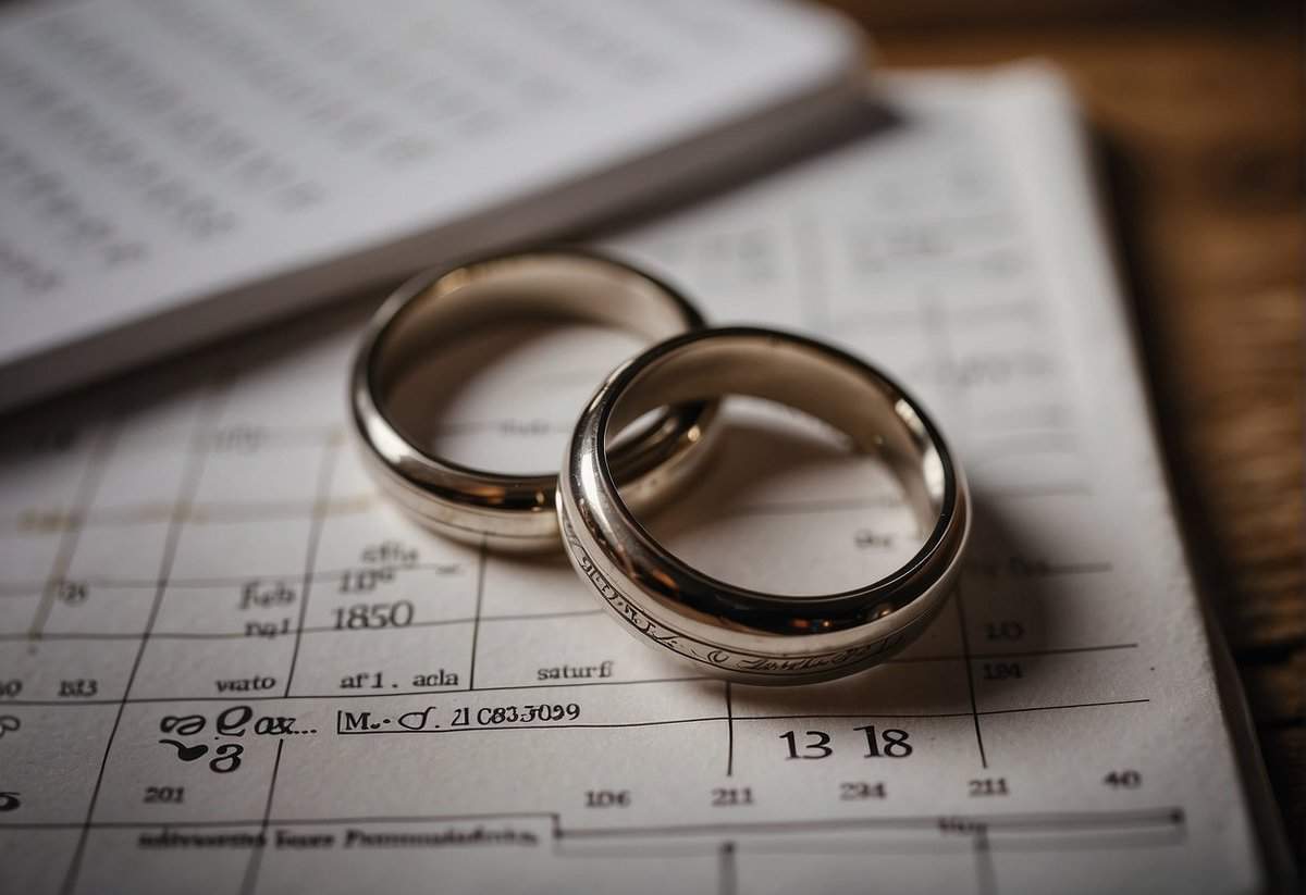A couple's wedding rings lying abandoned on a table, surrounded by legal documents and a calendar marking the date of their separation
