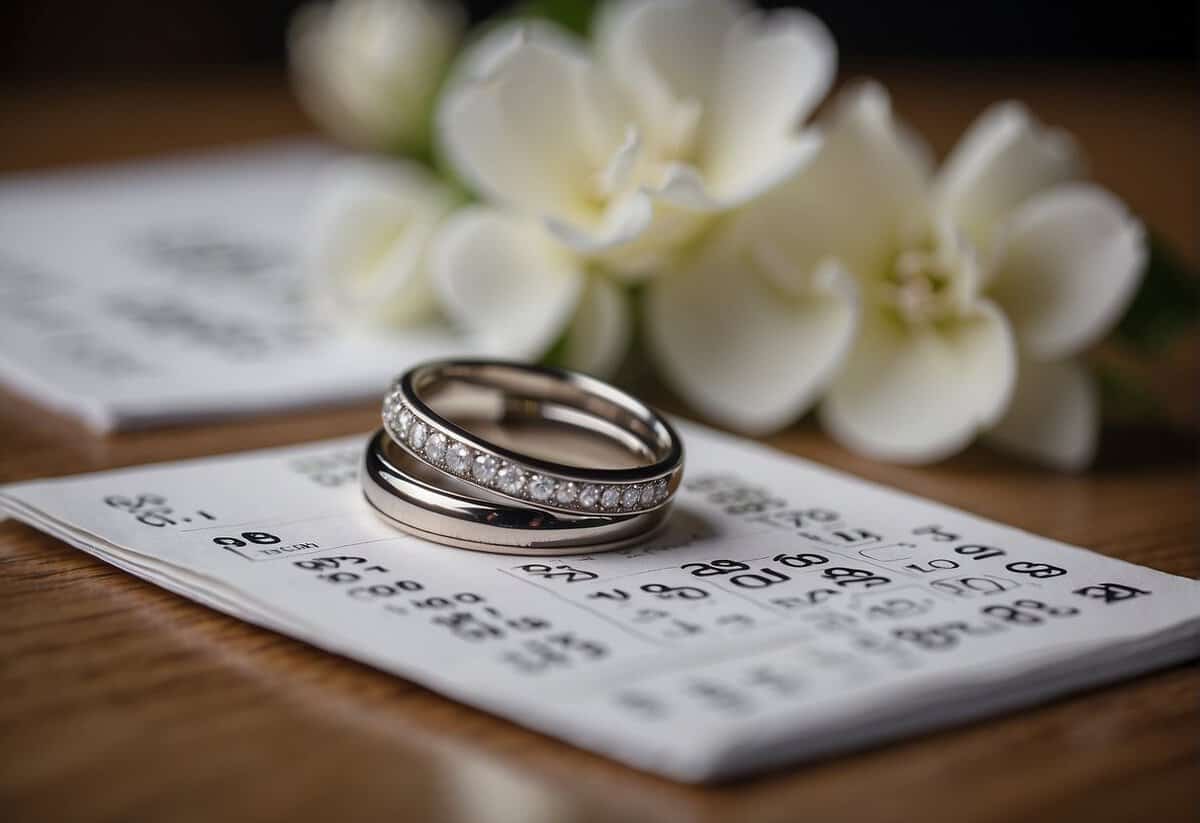 A stack of wedding rings on a table, surrounded by a calendar with the date crossed out, symbolizing the end of a marriage