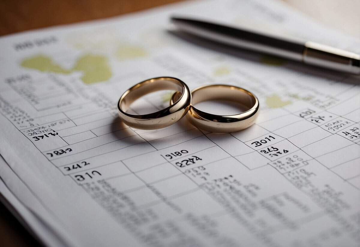 A couple's wedding rings sit on a table, surrounded by scattered papers and a calendar with a circled date