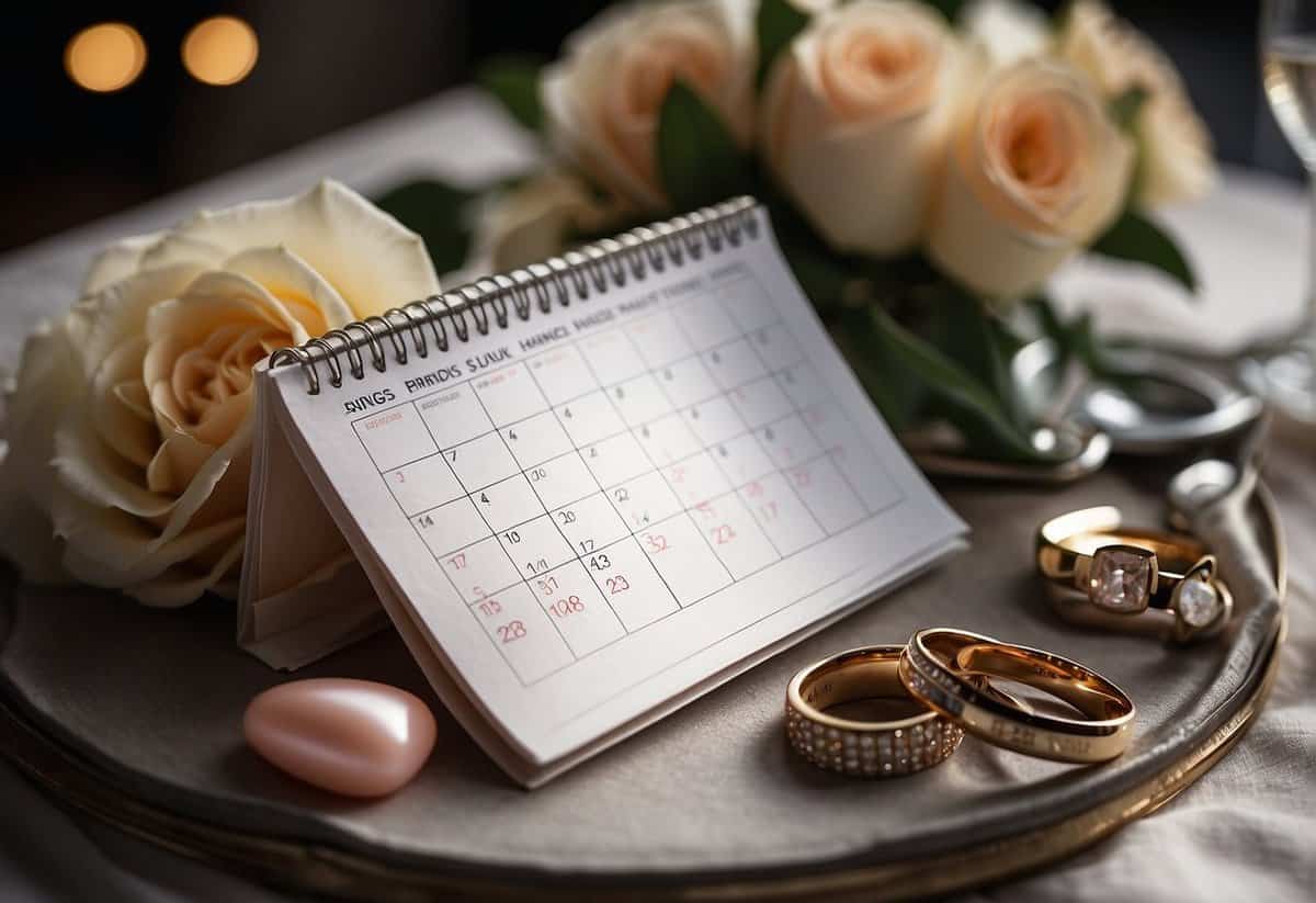 A calendar with Friday and Sunday highlighted, surrounded by wedding-related items like rings, flowers, and a venue
