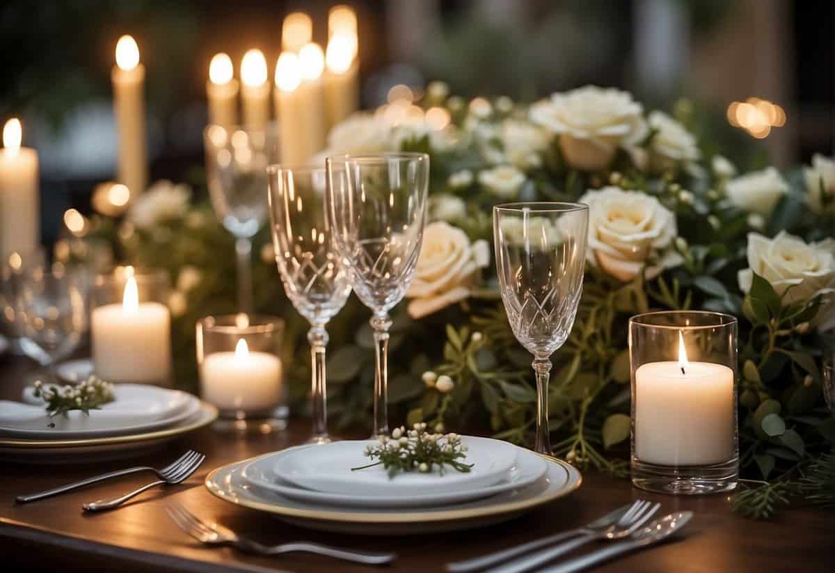 A festive table set with elegant place settings, adorned with flowers and candles, awaits guests for a joyous celebration